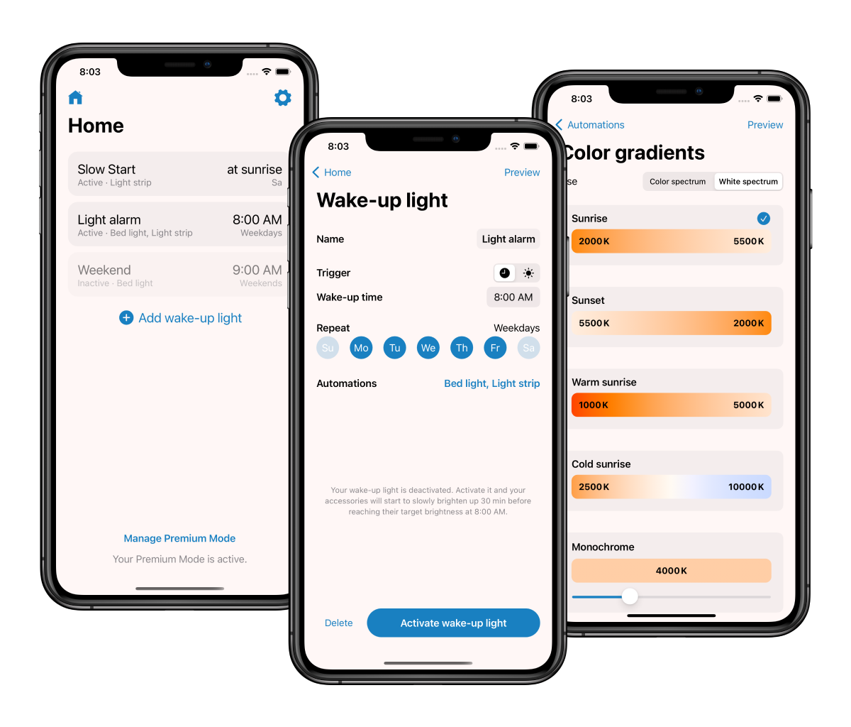 Drei iPhones nebeneinander zeigen verschiedene Bildschirme der Wake Up Light-App: Die Übersicht aller erstellten Wecklicht-Alarme, den Bearbeitungsbildschirm und alle Farbverläufe.