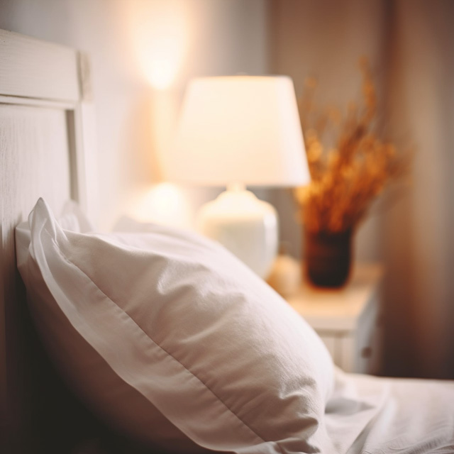 Weiches Bett mit Kissen und Nachttischlampe, die als Lichtwecker dient