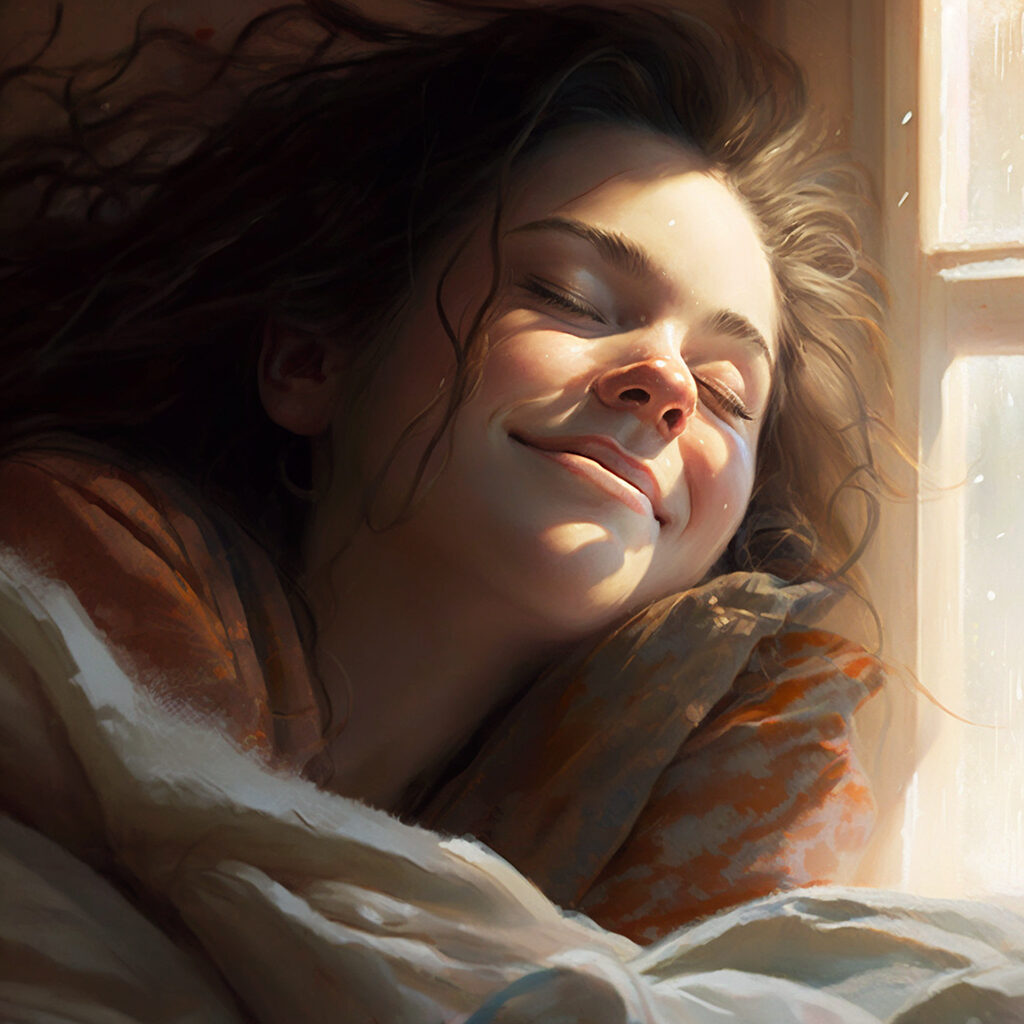 Smiling woman asleep, waking up to natural sunlight through windows