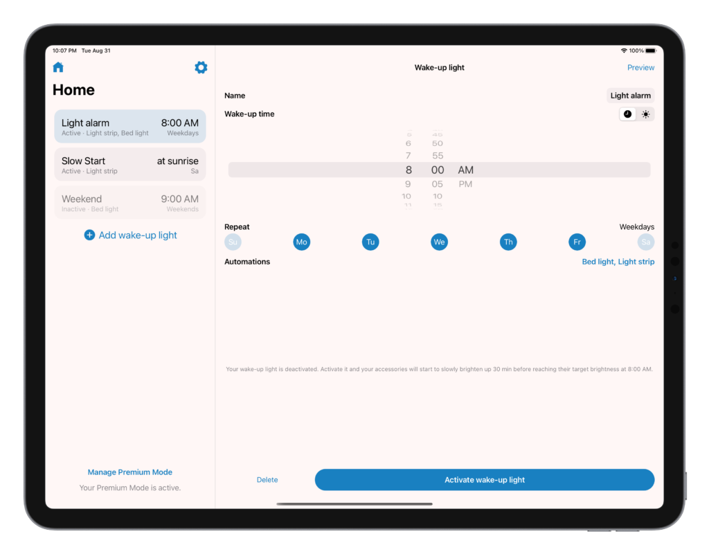 Split screen layout on an iPad with an overview of all your alarms on the left and the details of your wake-up light on the right