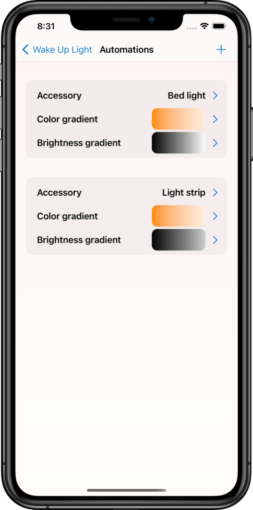 Automations page with color and brightness gradients per automation